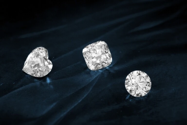 Three diamonds in heart, cushion and round cuts displayed side by side