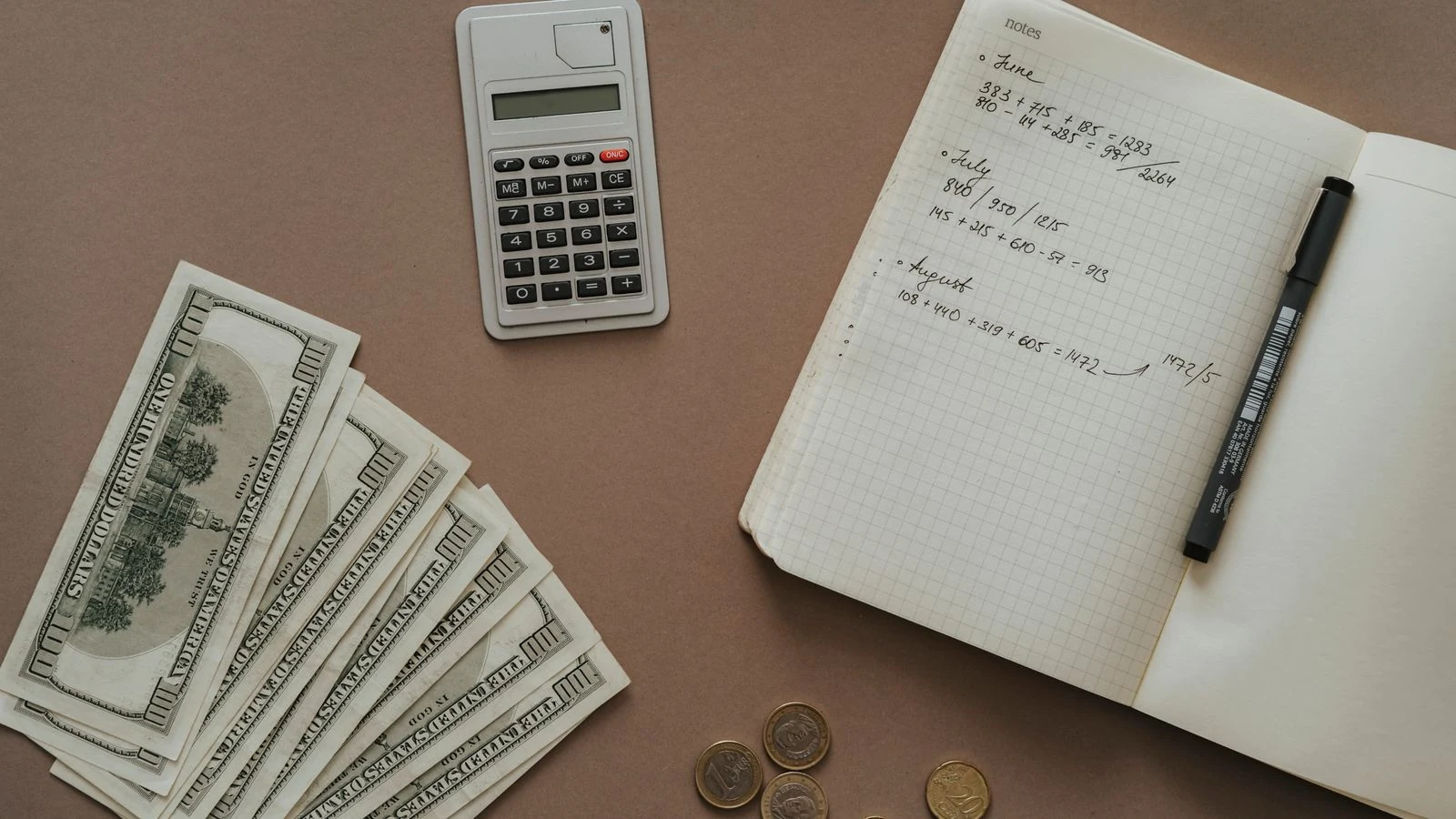 Calculator, notebook and banknotes laid out for budget planning