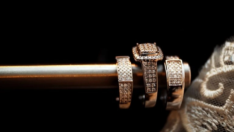 Luxury diamond rings arranged on display