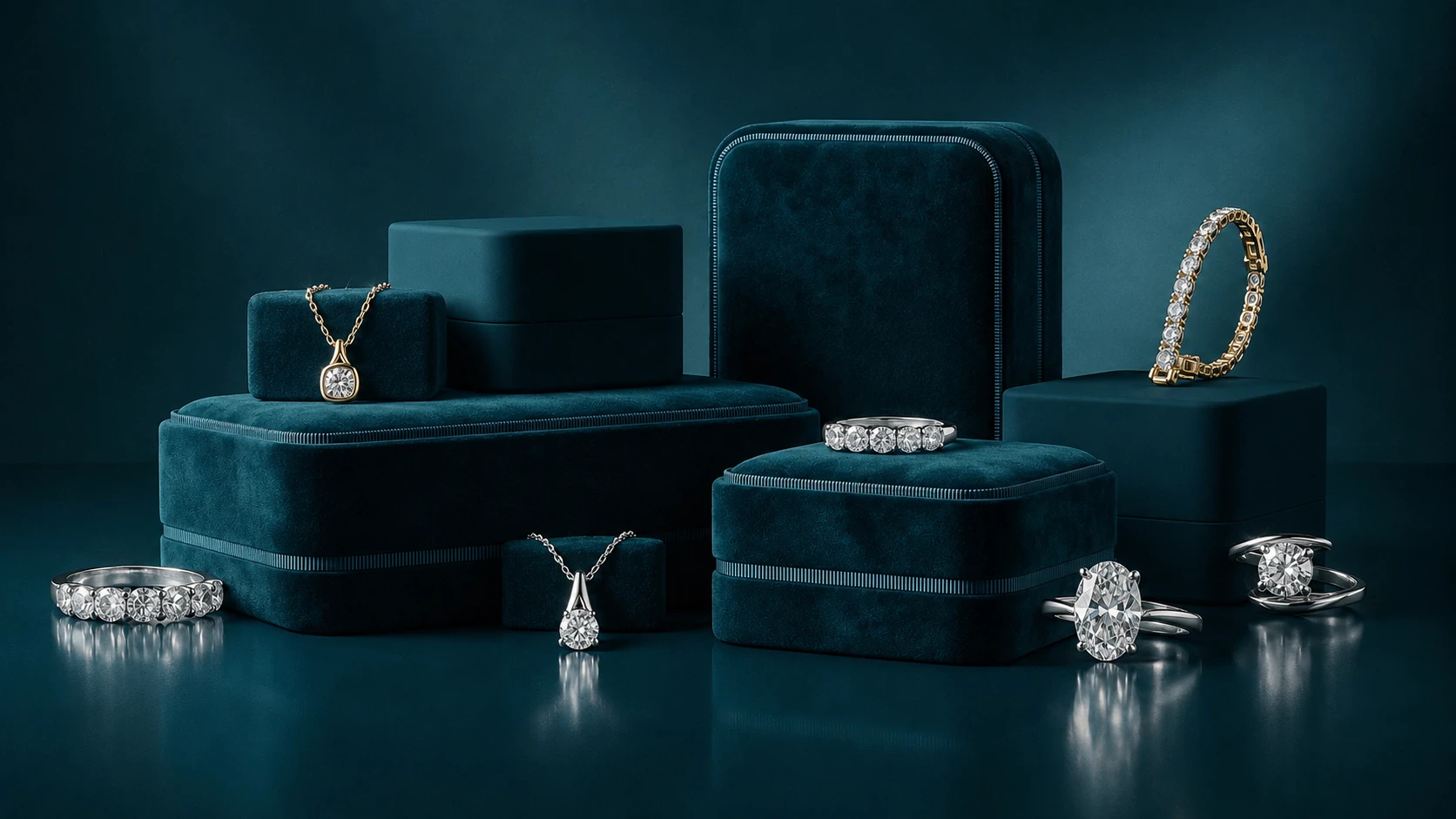 HVJ Diamonds lab-grown diamond jewellery collection displayed on deep teal velvet boxes